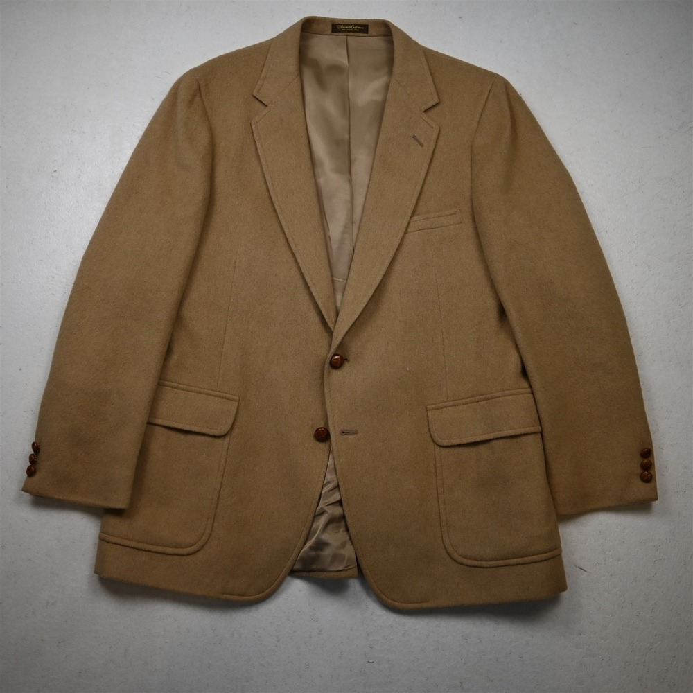 Vtg USA Made 44L Camel Khaki Flannel Wool Mens Blazer Suit Jacket Sport Coat